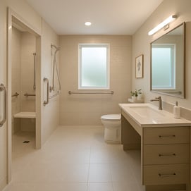 A beautifully designed spacious bathroom that emphasizes accessibility and modern aesthetics The bathroom features wide doorways