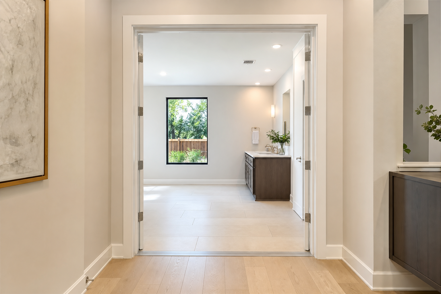 Widened interior doorway designed for wheelchair and aging-in-place accessibility in an Austin home