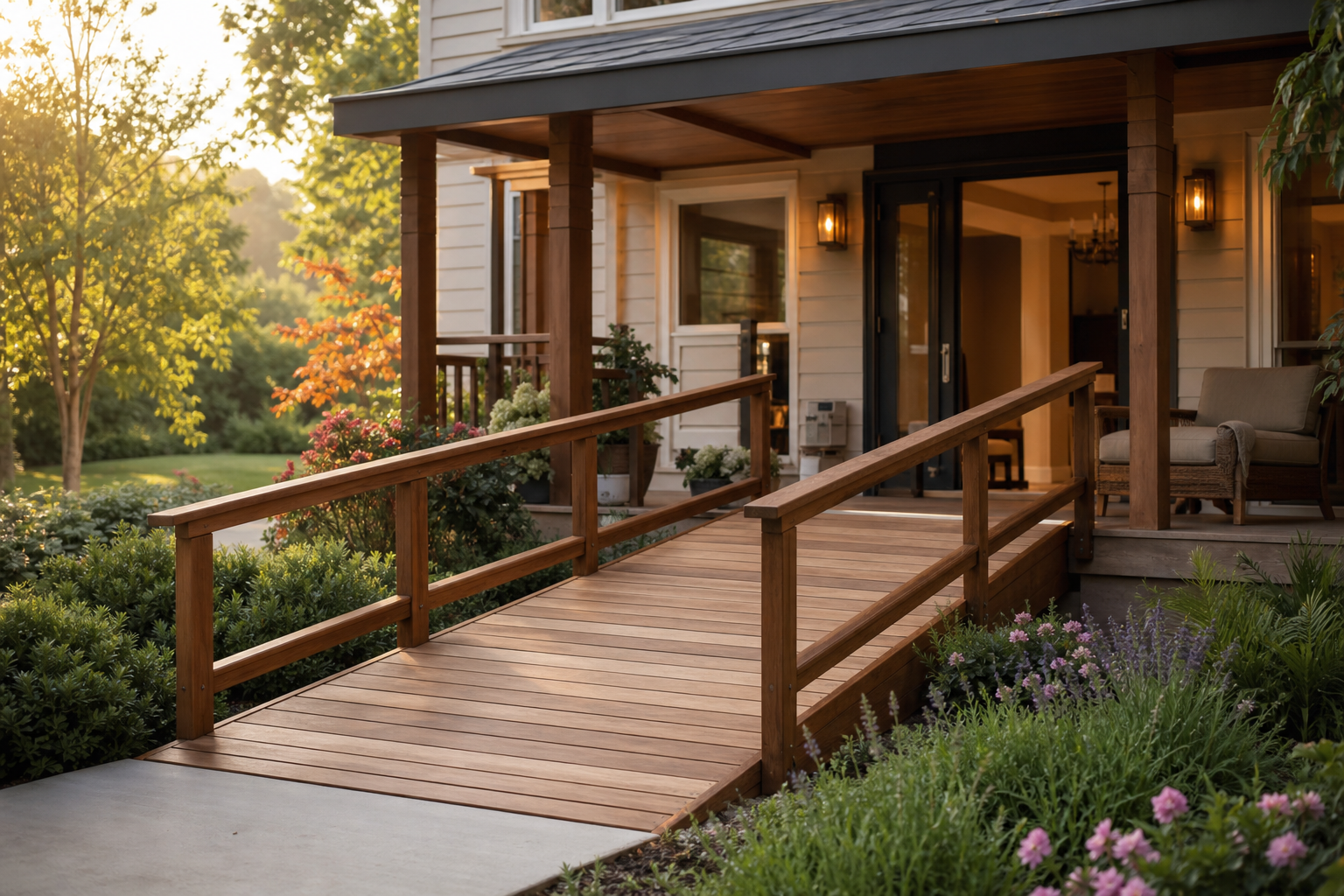 A wheelchair-accessible ramp blending into the homes elevation using universal design