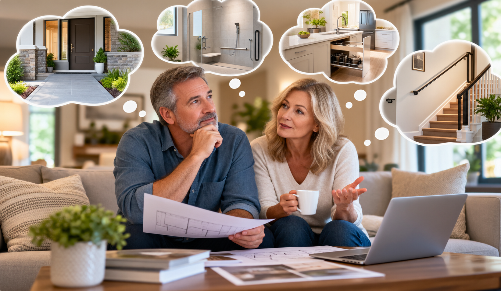 Couple in their 50s and 60s planning home modifications for safer, more accessible aging in place.