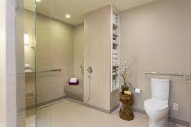 accessible bathroom for aging in place with roll in shower and accessible toilet.